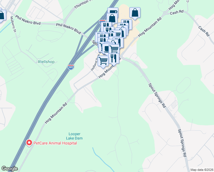 map of restaurants, bars, coffee shops, grocery stores, and more near 4885 Hog Mountain Road in Flowery Branch