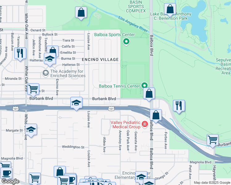 map of restaurants, bars, coffee shops, grocery stores, and more near 5617 Wish Avenue in Los Angeles