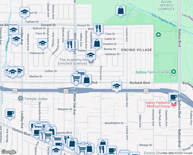 map of restaurants, bars, coffee shops, grocery stores, and more near 17522 Martha Street in Los Angeles