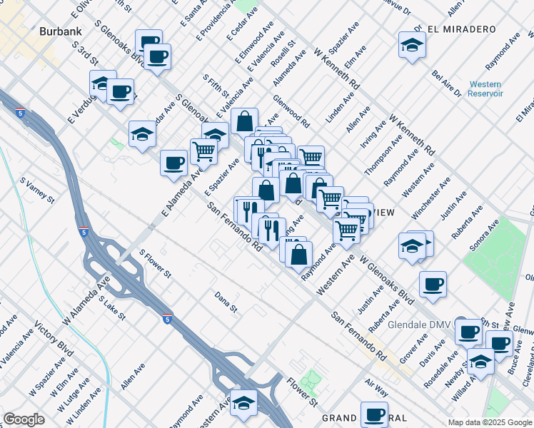 map of restaurants, bars, coffee shops, grocery stores, and more near 1041 Allen Avenue in Glendale