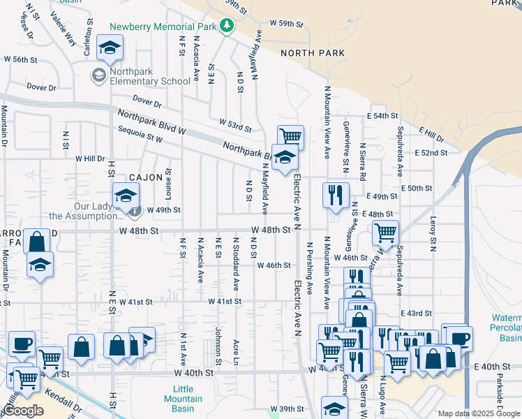map of restaurants, bars, coffee shops, grocery stores, and more near 4904 North Mayfield Avenue in San Bernardino