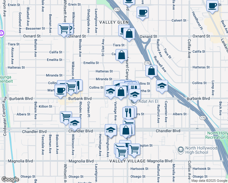 map of restaurants, bars, coffee shops, grocery stores, and more near 5622 Bellingham Avenue in Los Angeles