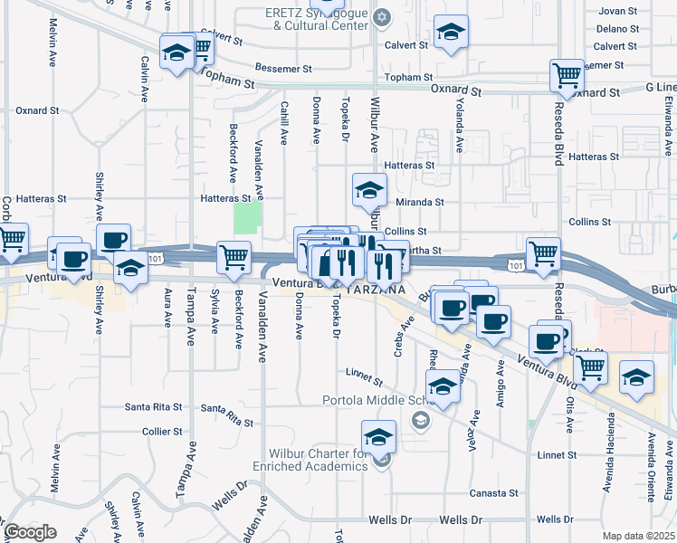 map of restaurants, bars, coffee shops, grocery stores, and more near 18957 Ventura Freeway in Los Angeles