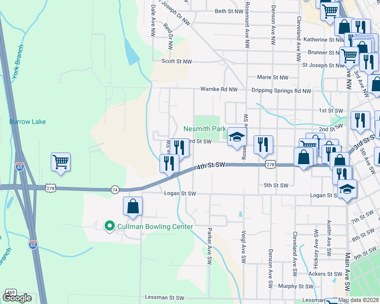 map of restaurants, bars, coffee shops, grocery stores, and more near 307 Mcnabb Road Southwest in Cullman