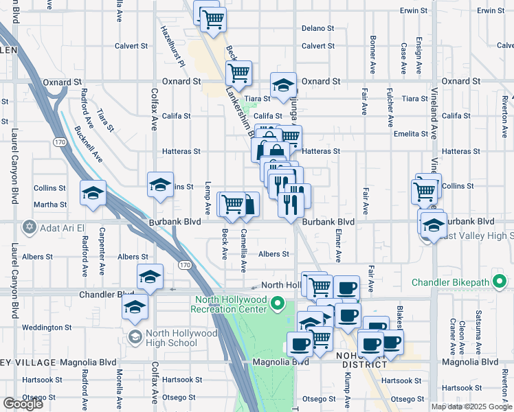 map of restaurants, bars, coffee shops, grocery stores, and more near 5625 Farmdale Avenue in Los Angeles