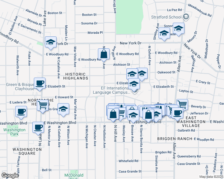 map of restaurants, bars, coffee shops, grocery stores, and more near 1559 North Hill Avenue in Pasadena