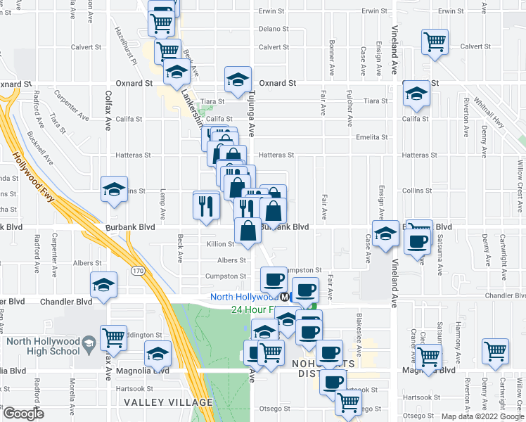 map of restaurants, bars, coffee shops, grocery stores, and more near 11348 Martha Street in Los Angeles