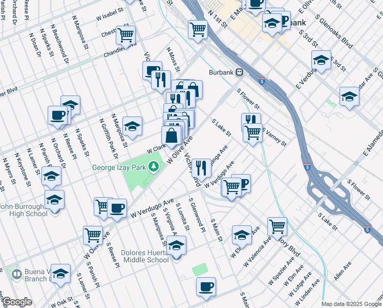 map of restaurants, bars, coffee shops, grocery stores, and more near 154 South Victory Boulevard in Burbank