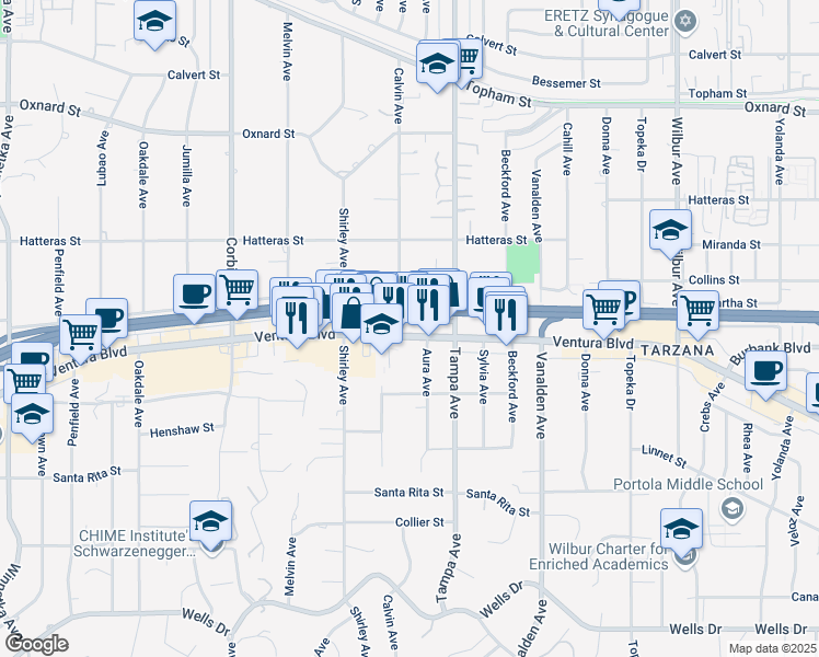 map of restaurants, bars, coffee shops, grocery stores, and more near 19353 Ventura Blvd in Los Angeles