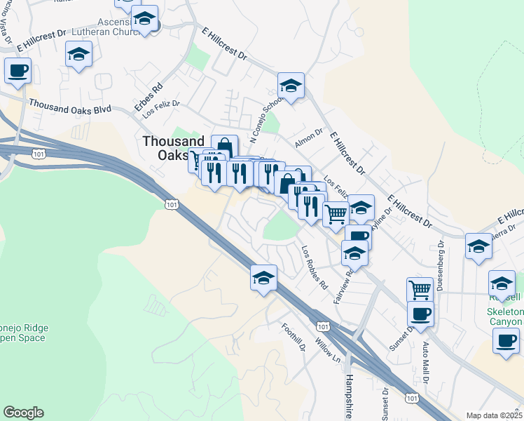 map of restaurants, bars, coffee shops, grocery stores, and more near 2474 Pleasant Way in Thousand Oaks
