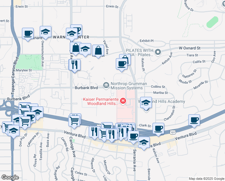 map of restaurants, bars, coffee shops, grocery stores, and more near 21050 Burbank Boulevard in Los Angeles