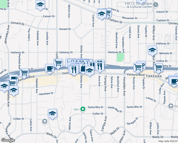 map of restaurants, bars, coffee shops, grocery stores, and more near 19423 Ventura Boulevard in Los Angeles