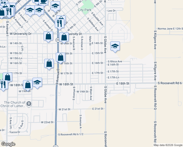 map of restaurants, bars, coffee shops, grocery stores, and more near 1704 South Abilene Avenue in Portales