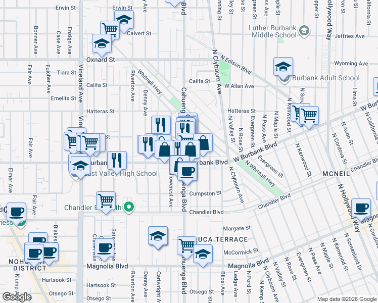 map of restaurants, bars, coffee shops, grocery stores, and more near 5628 Auckland Avenue in Los Angeles