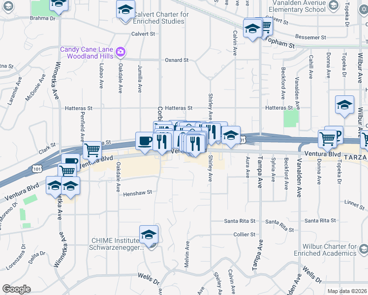 map of restaurants, bars, coffee shops, grocery stores, and more near 19601 Ventura Boulevard in Los Angeles