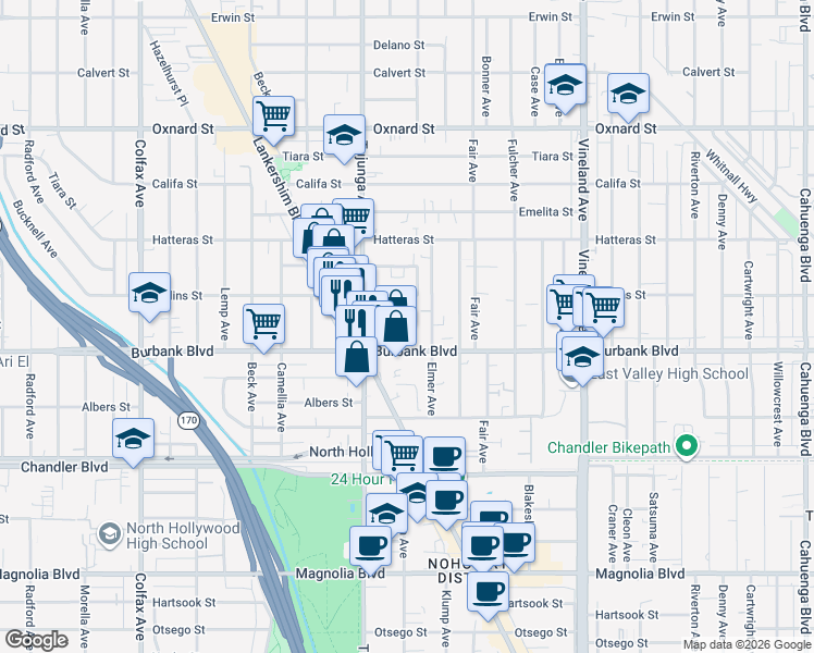 map of restaurants, bars, coffee shops, grocery stores, and more near 11314 Martha Street in Los Angeles