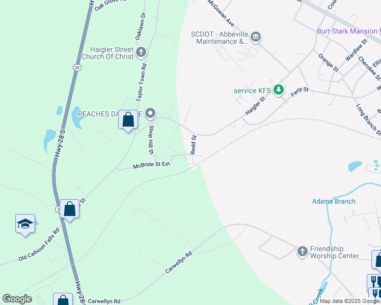 map of restaurants, bars, coffee shops, grocery stores, and more near 106 Redd Street in Abbeville