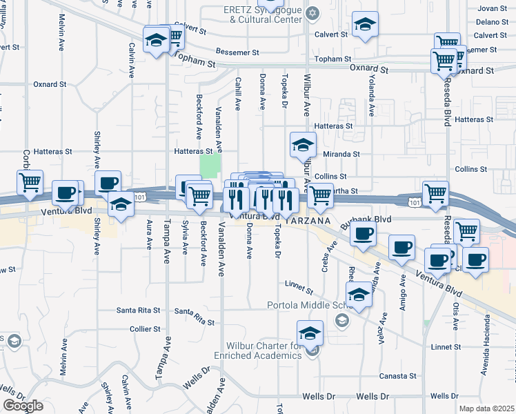 map of restaurants, bars, coffee shops, grocery stores, and more near 19013 Ventura Boulevard in Los Angeles