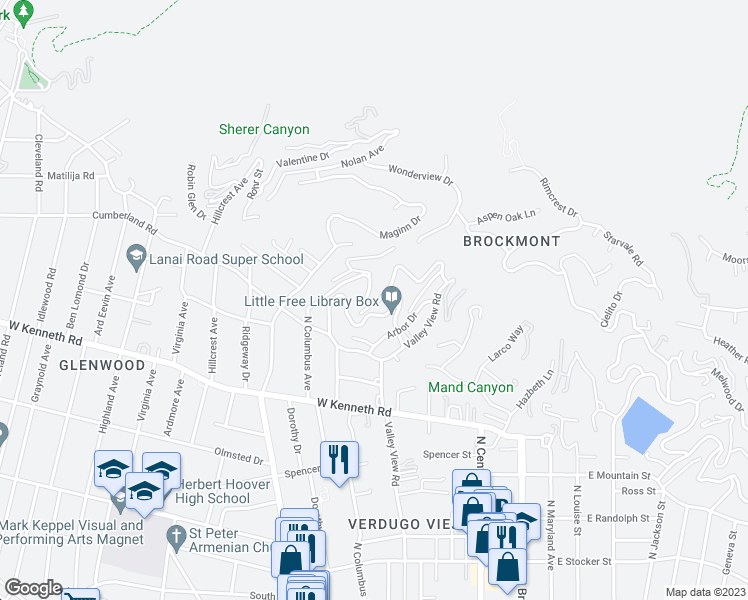 map of restaurants, bars, coffee shops, grocery stores, and more near 321 Kempton Road in Glendale