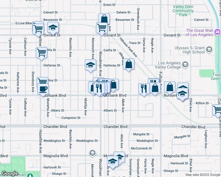 map of restaurants, bars, coffee shops, grocery stores, and more near 5625 Ventura Canyon Avenue in Los Angeles