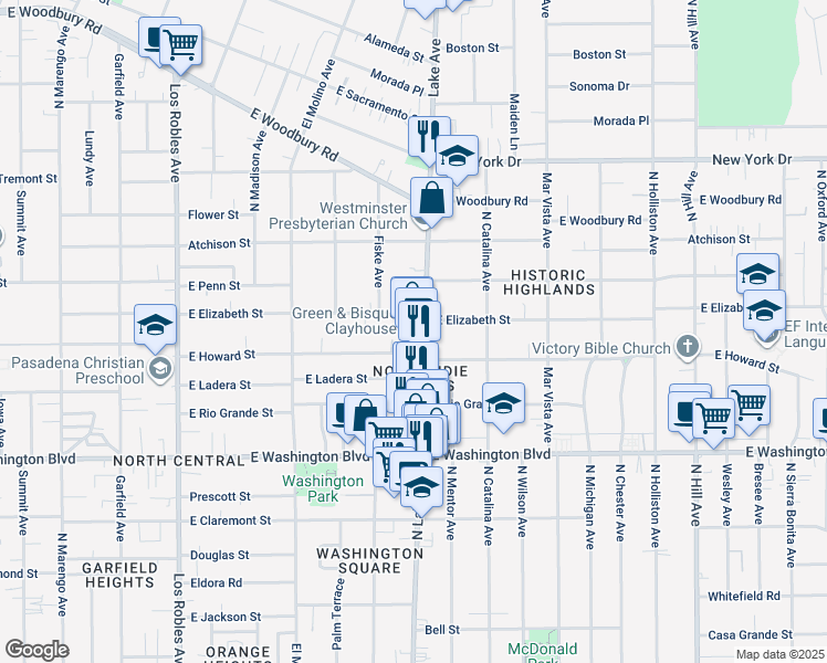map of restaurants, bars, coffee shops, grocery stores, and more near 1575 North Lake Avenue in Pasadena
