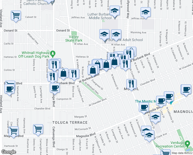 map of restaurants, bars, coffee shops, grocery stores, and more near 4114 West Burbank Boulevard in Burbank