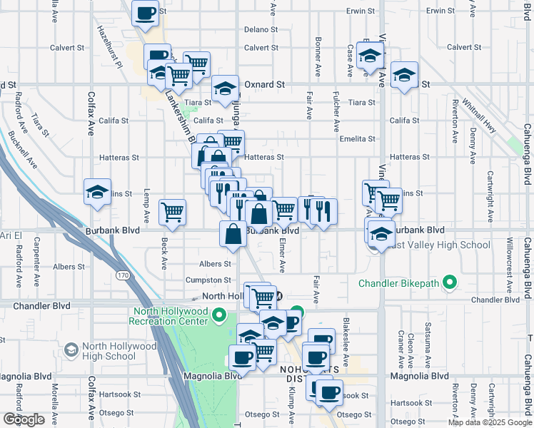 map of restaurants, bars, coffee shops, grocery stores, and more near 11308 Martha Street in Los Angeles