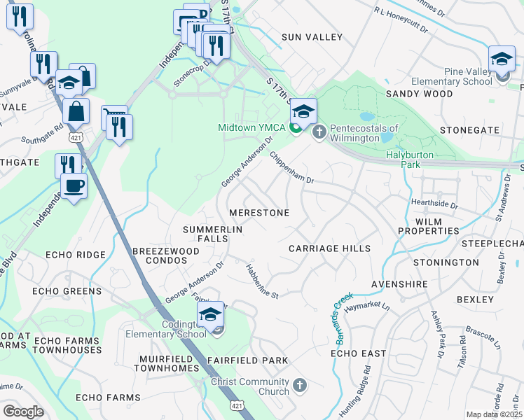 map of restaurants, bars, coffee shops, grocery stores, and more near 3718 Merestone Drive in Wilmington