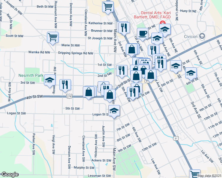 map of restaurants, bars, coffee shops, grocery stores, and more near 305 Main Avenue Southwest in Cullman