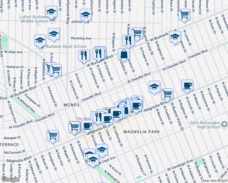 map of restaurants, bars, coffee shops, grocery stores, and more near 3106 West Chandler Boulevard in Burbank
