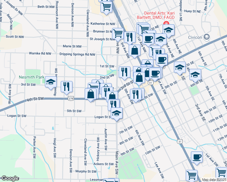 map of restaurants, bars, coffee shops, grocery stores, and more near 305 Main Avenue Southwest in Cullman