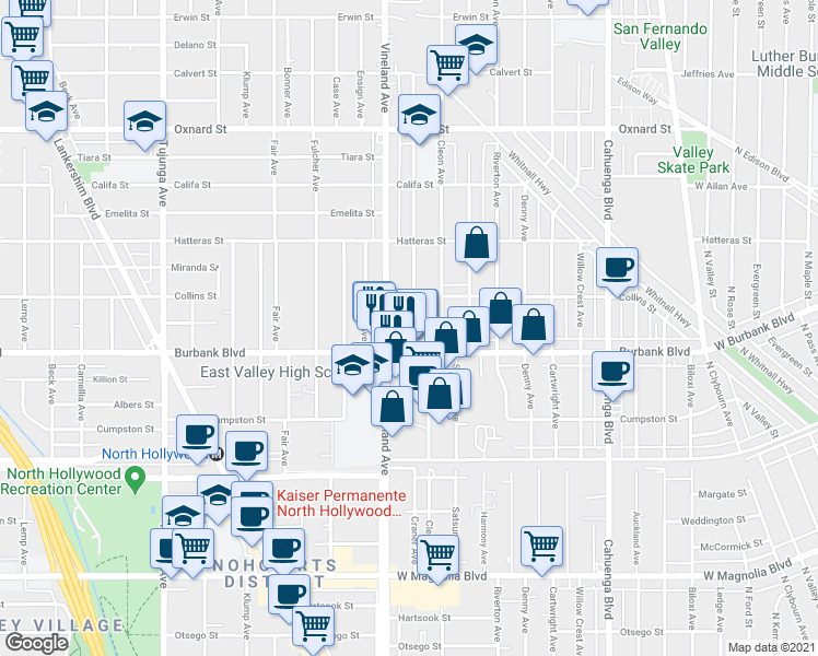 map of restaurants, bars, coffee shops, grocery stores, and more near 5629 Craner Avenue in Los Angeles