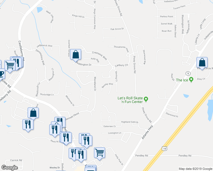 map of restaurants, bars, coffee shops, grocery stores, and more near 5955 Bentley Way in Cumming