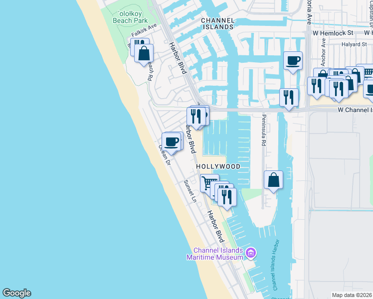 map of restaurants, bars, coffee shops, grocery stores, and more near 2941 Harbor Boulevard in Oxnard