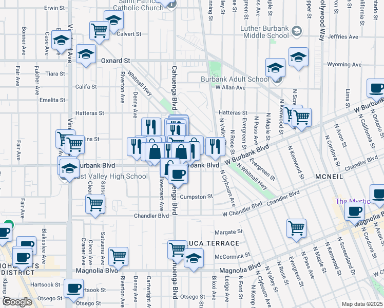 map of restaurants, bars, coffee shops, grocery stores, and more near Auckland Avenue in Los Angeles