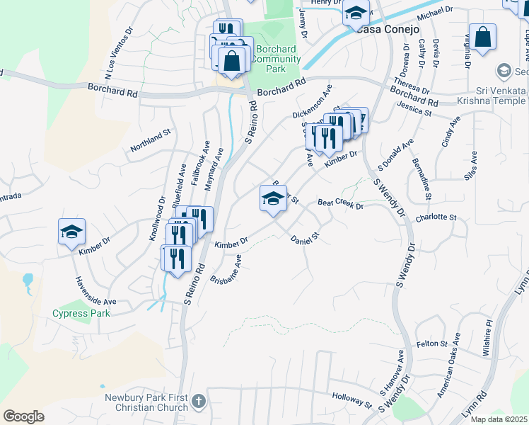 map of restaurants, bars, coffee shops, grocery stores, and more near 3501 West Kimber Drive in Thousand Oaks