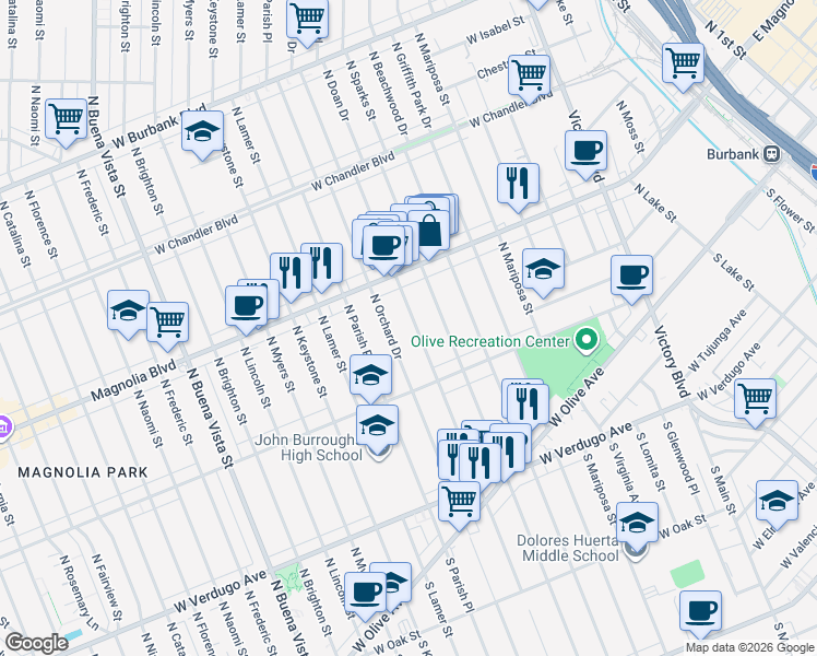 map of restaurants, bars, coffee shops, grocery stores, and more near in Burbank