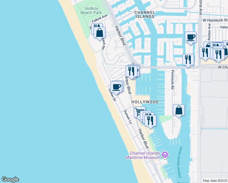map of restaurants, bars, coffee shops, grocery stores, and more near 4029 Sunset Lane in Oxnard