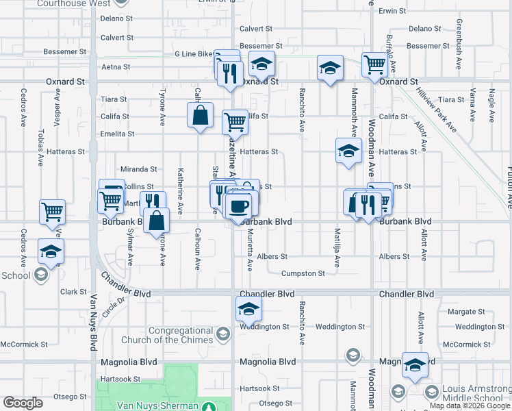 map of restaurants, bars, coffee shops, grocery stores, and more near 5624 Murietta Avenue in Los Angeles