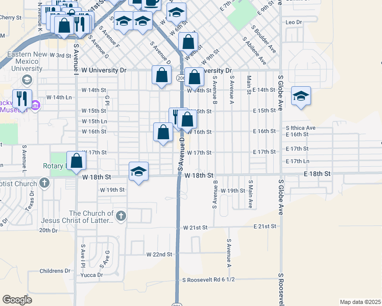 map of restaurants, bars, coffee shops, grocery stores, and more near 323 West 17th Street in Portales