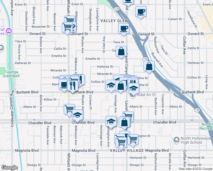 map of restaurants, bars, coffee shops, grocery stores, and more near 5624 Saint Clair Avenue in Los Angeles