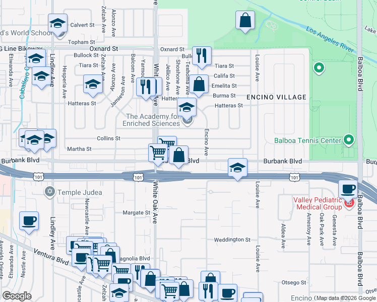 map of restaurants, bars, coffee shops, grocery stores, and more near 17546 Martha Street in Los Angeles