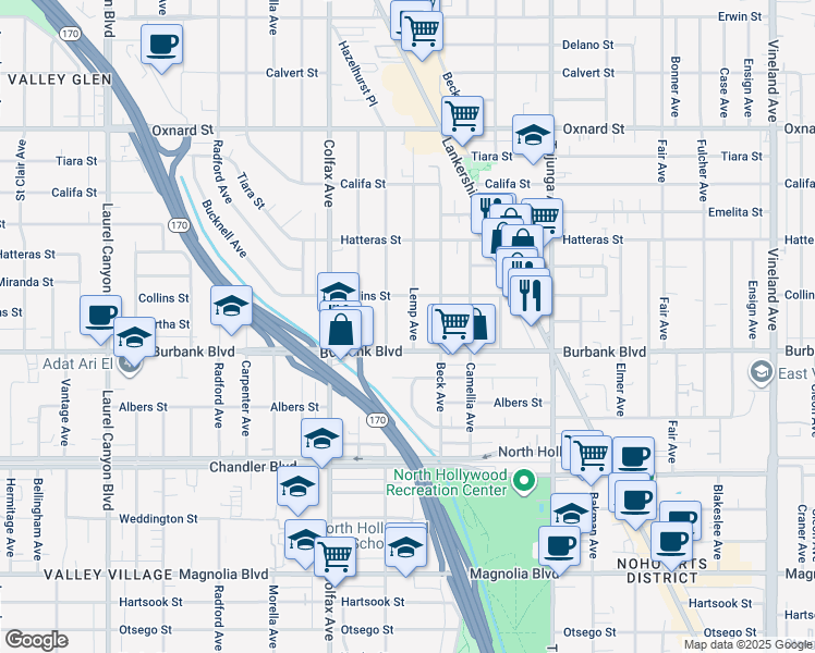 map of restaurants, bars, coffee shops, grocery stores, and more near 5627 Lemp Avenue in Los Angeles