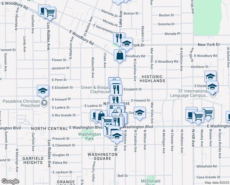 map of restaurants, bars, coffee shops, grocery stores, and more near 1575 North Lake Avenue in Pasadena