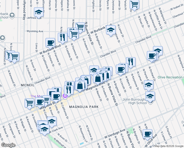 map of restaurants, bars, coffee shops, grocery stores, and more near 850 North Naomi Street in Burbank