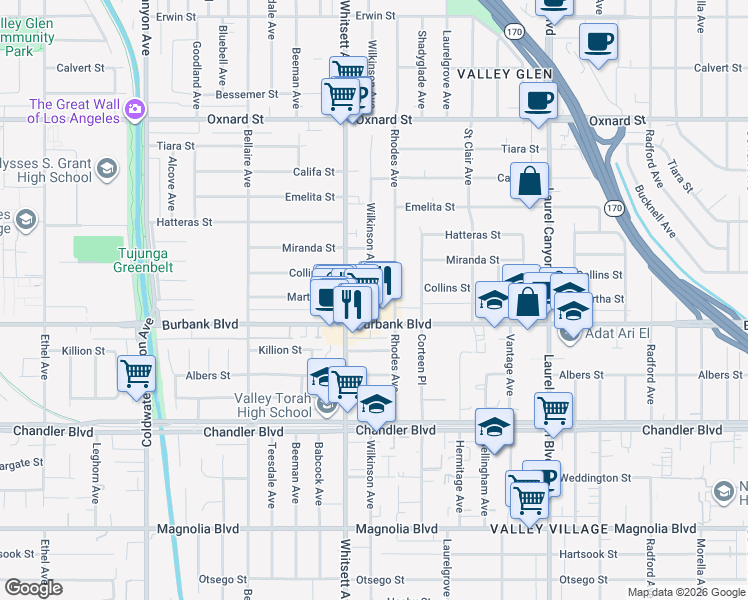 map of restaurants, bars, coffee shops, grocery stores, and more near 12424 Martha Street in Los Angeles