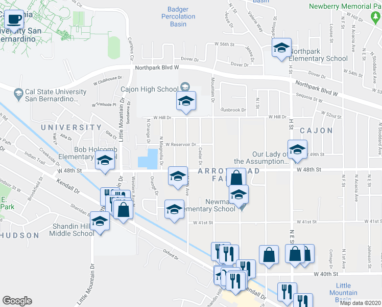 map of restaurants, bars, coffee shops, grocery stores, and more near 4237 N 4th Ave in San Bernardino