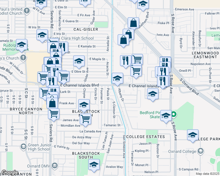 map of restaurants, bars, coffee shops, grocery stores, and more near 2914 Paula Street in Oxnard
