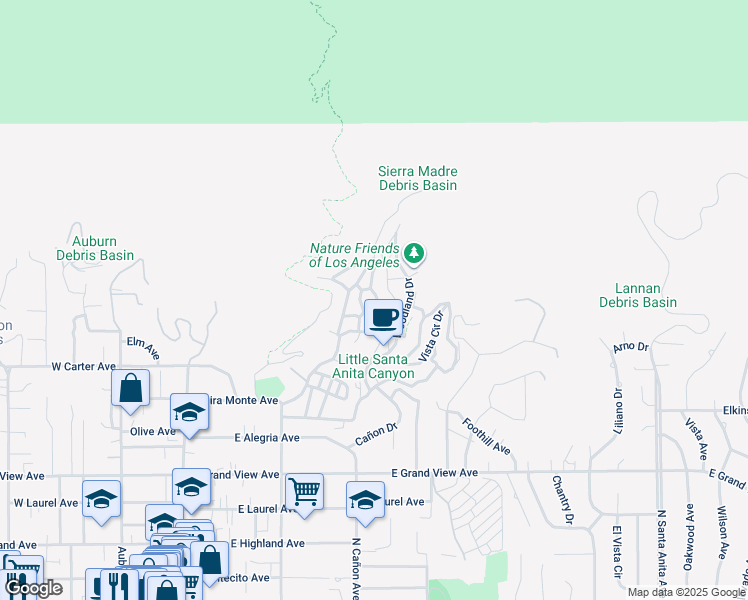 map of restaurants, bars, coffee shops, grocery stores, and more near 747 Canyon Crest Drive in Sierra Madre