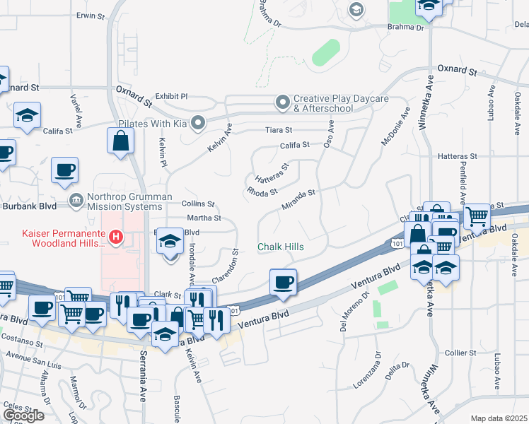 map of restaurants, bars, coffee shops, grocery stores, and more near 5635 Mason Avenue in Los Angeles